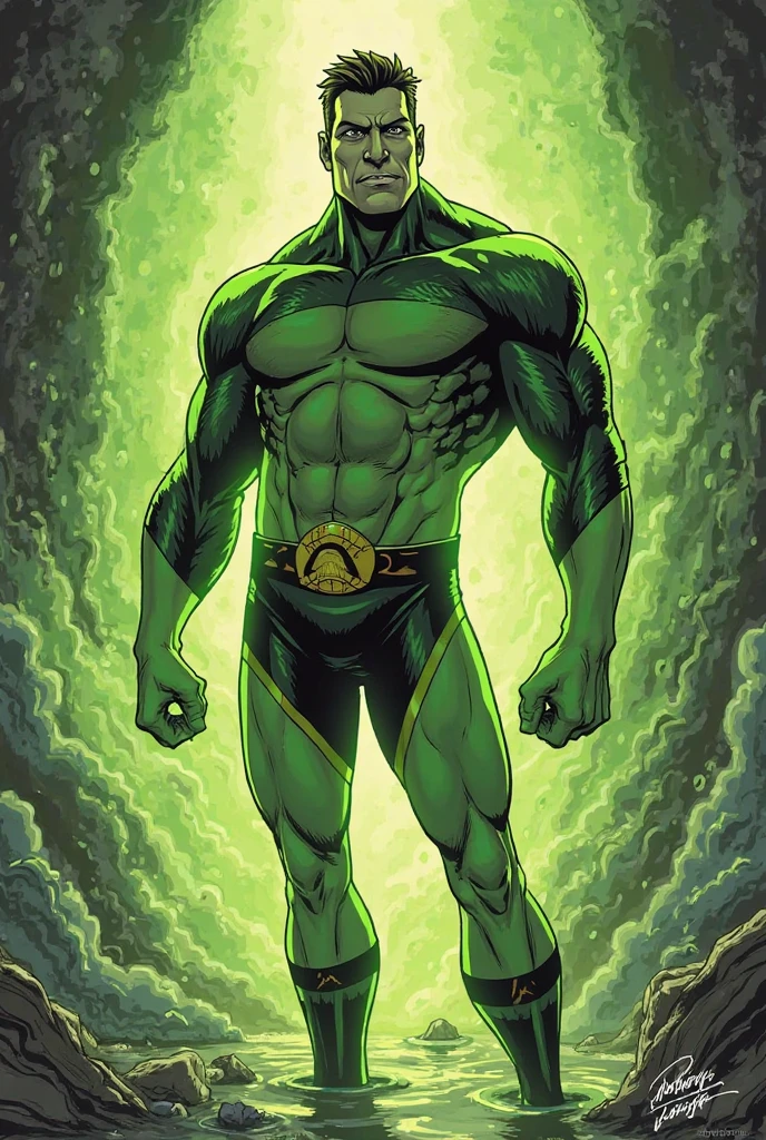 A closeup of a green male alien standing in a destroyed area, (((front view))), (((Alien Head))), (((olhos negros grandes))), (((looking-into-camera))), Mike Deodato Jr, inspirado em Mike Deodato, john romita senior, david finch, Corpo verde, pele verde, pele verde!, Excessivo, homem verde, swamp monster, Frank Cho, pele de cor verde, olhos grandes negros, estilo quadrinhos, vetor, lineart, contorno preto