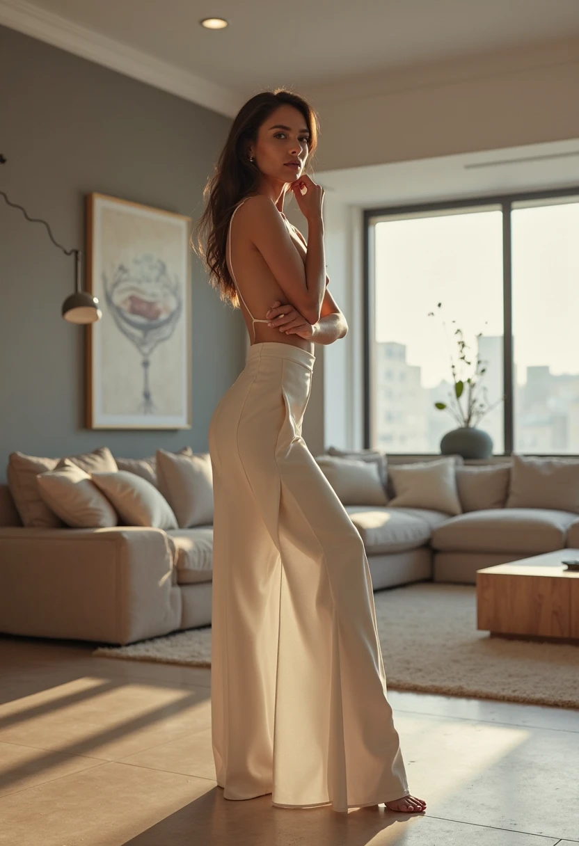 Aishwarya rai as corporate lady, satin formal trousers with white off shoulder strapless cowl neck top, high heels, athletic curvy figure, open hair, deepcut neckline, erotic bending forward and showing boobs pose in balcony, day scene, hourglass figure, small breasts, fit, seductive face, look at camera and wink, erotic adult face, 40 yo, soft volumetric lights, intricate details, (ArtStation:1.2)