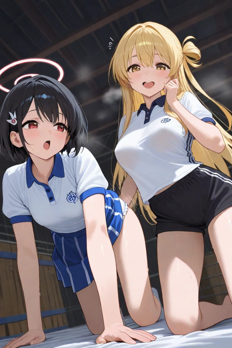 2girls, nishikigi chisato, inoue takina, lycoris recoil, couple, perfect anatomy, symmetry, huge breasts, navyblue buruma, fullback buruma, gym uniform, white t-shirts, thighhighs, looking at viewer, shy, blush, masterpiece, best quality, very aesthetic, absurdres, anime,