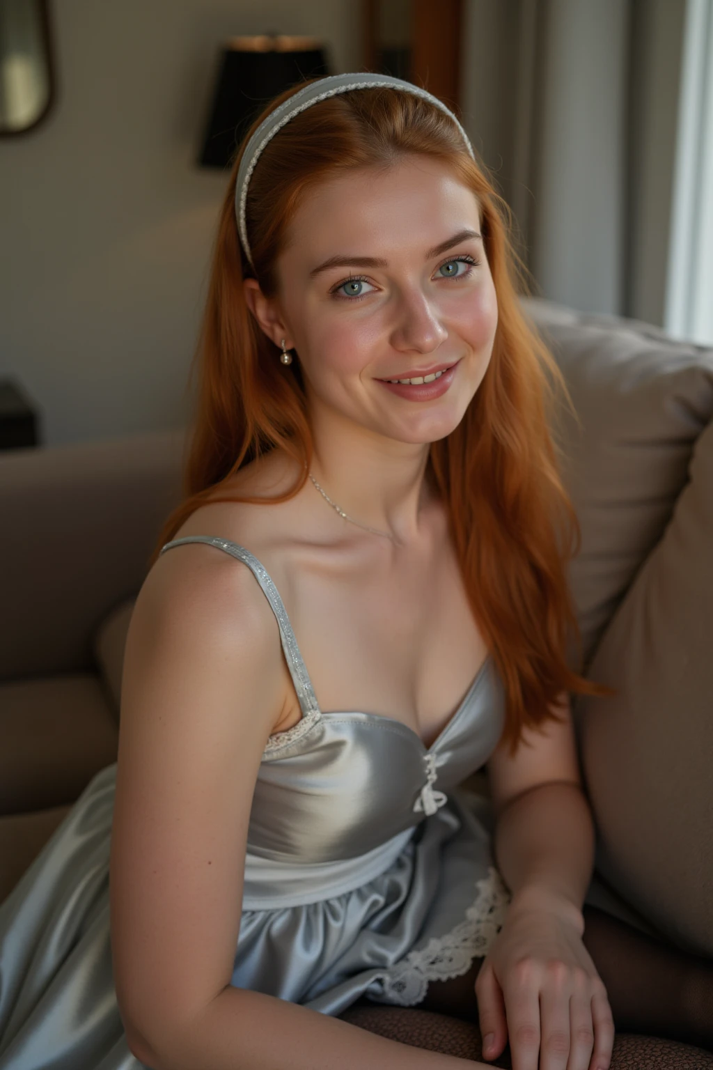 Janet Devlin wearing a short strapless dress with a sexy neckline and smiling