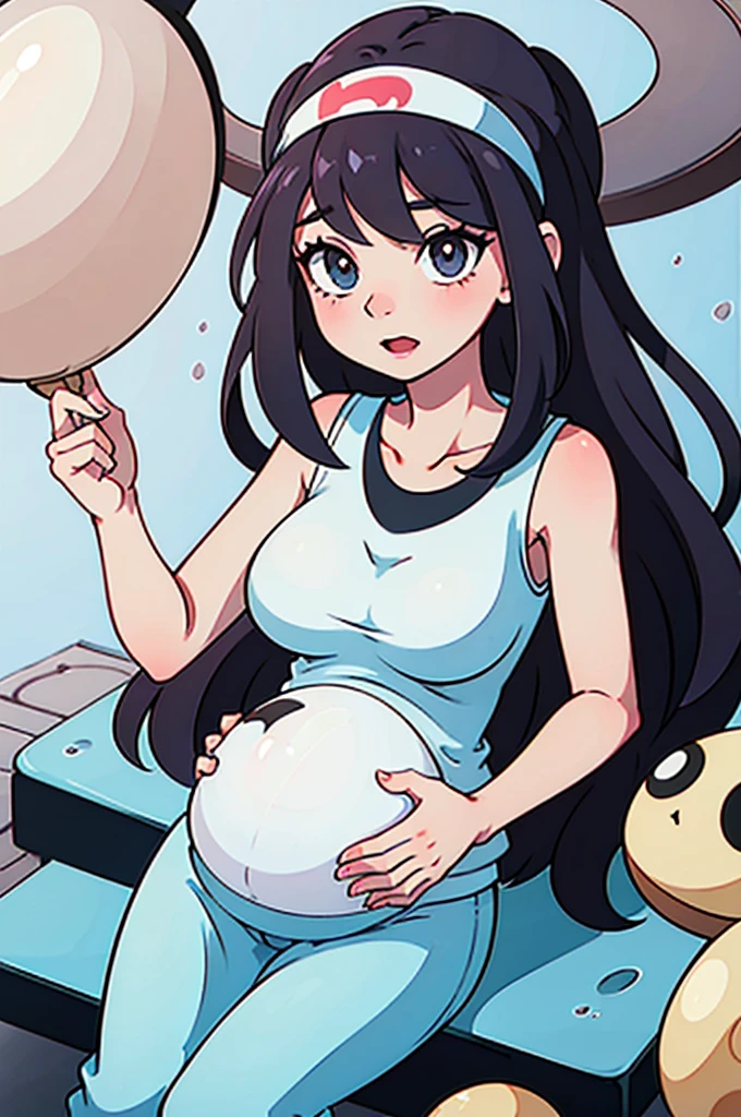 best quality, masterpiece, solo, 1girl,  looking at viewer, outline, curvy, curly hair,multicolored_hair, loose sundress, pussy peek, pregnant, leaning back, hips forward