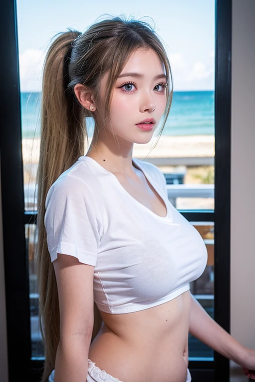 Tabletop, highest quality, figure, Very detailed, In detail, High resolution, 8k wallpaper,Sexy big 、A cute 21-year-old girl with a sexy and cute look, Beautiful and sexy face、The strong wind blows the hair in front of my face、Blonde French braids with cute and sexy eyes hidden by long bangs、Belly button exposed(1:1.8)、Off-the-shoulder T-shirt、Colorful tulle mini skirt