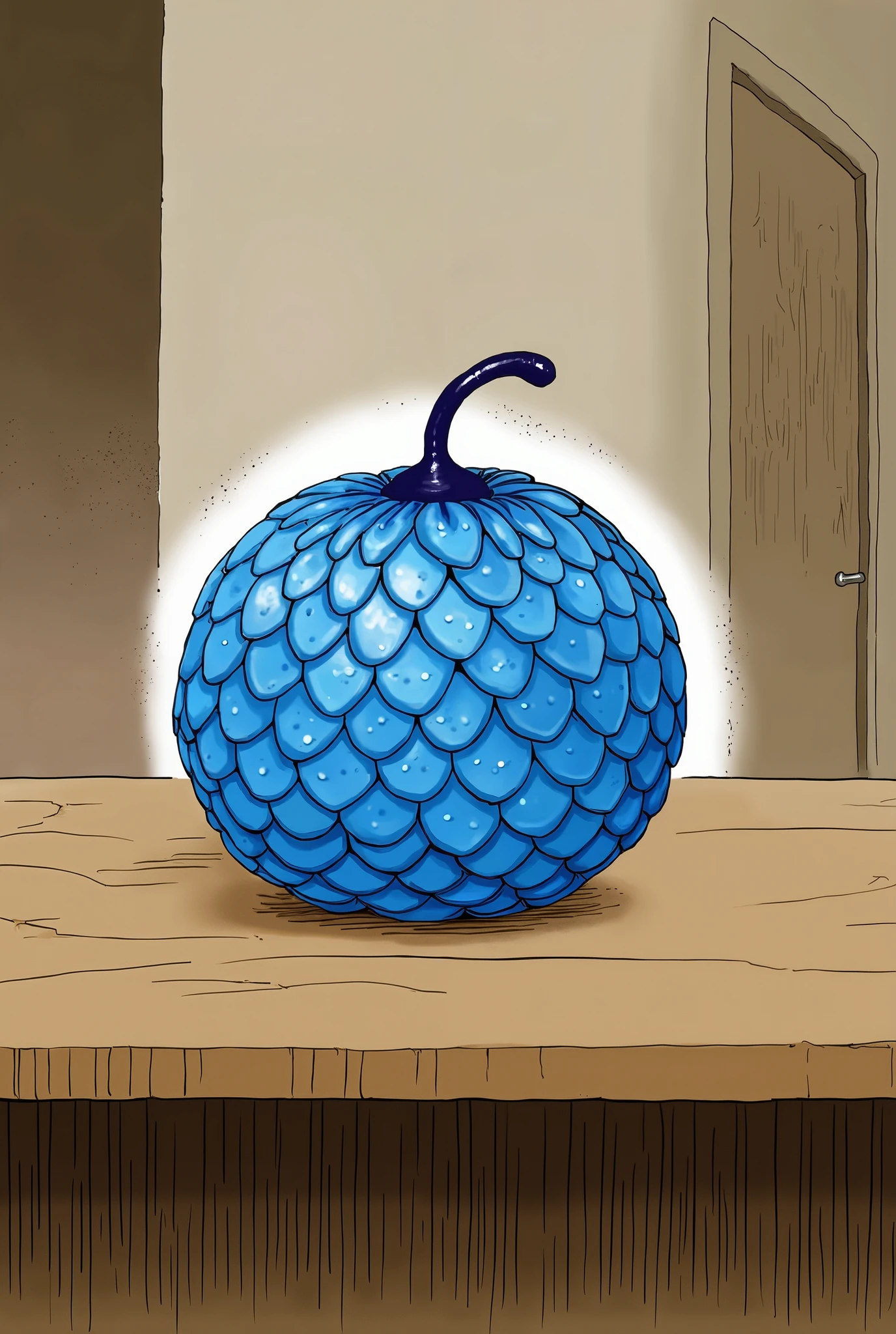 A single fruit, dragon scales, blue round fruit, black short stem, on a table,