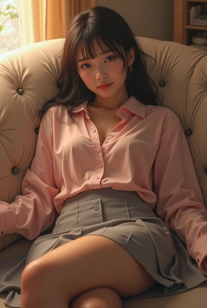 break、(Pink leopard print bed:1.2)、break、(A dark room with the lights off:1.5), Black short hair、Sexy beautiful girl,break、 (A high school girl's uniform of a white shirt and a miniskirt:1.2)