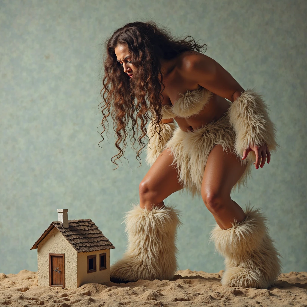 figure composed of delicately arranged fur arms and dust legs, poised in a carefree kniebeuge on plalm of a clown, clowncore, wired lightframes postapocalypse
