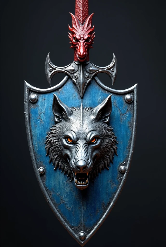 As a base a blue metal shield with an ornament of a wolf with a threatening look and a closed snout with touches of silver , And above this the sword of a red dragon with silver highlights where the dragon's head can be seen in the guard 