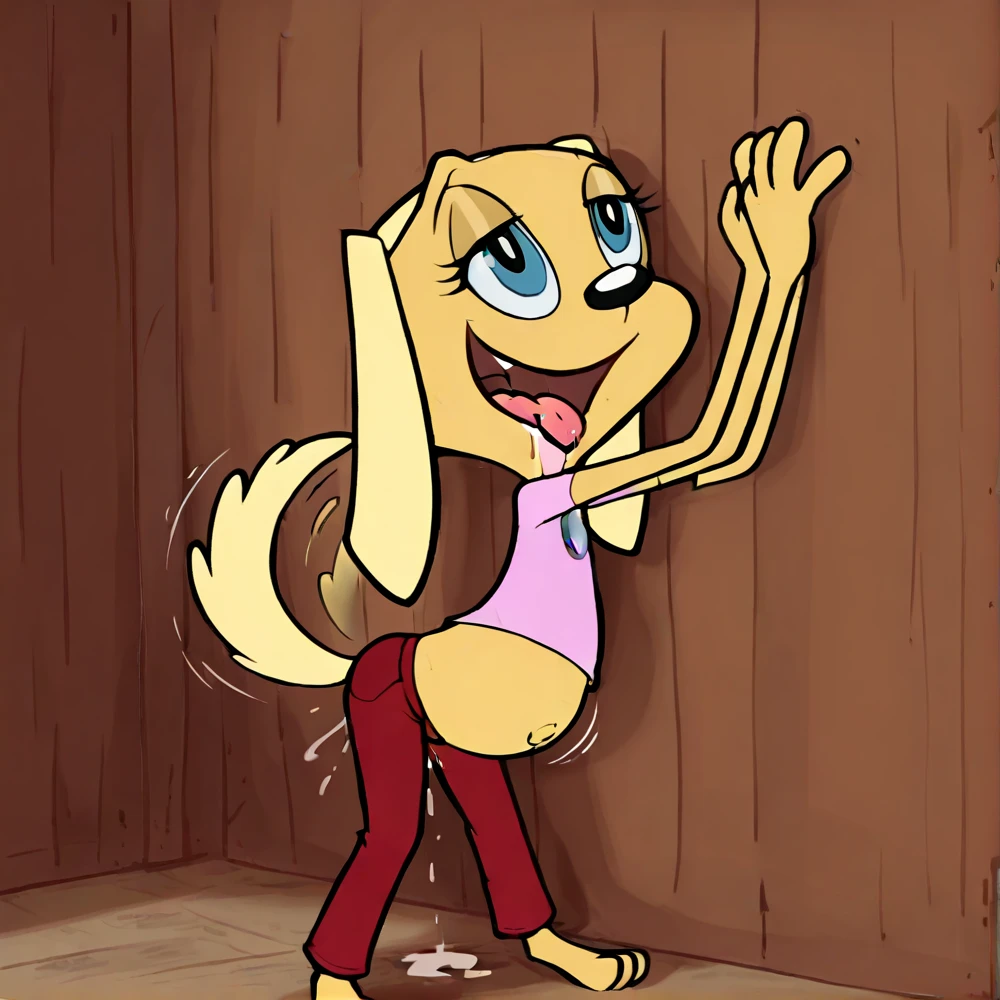 1girl, solo, furry female, tongue, blue eyes, furry, animal ears, dog girl, dog ears, animal nose, upper body, portrait, snout, blonde hair, teeth, collarbone, nude, small chested, animal pussy, dick in mouth, full body, open mouth, happy, body fur, fangs, sitting on shower floor, flat color, from behind view yellow fur, blonde fur, spaniel, golden retriever, ears as hair, lop ears