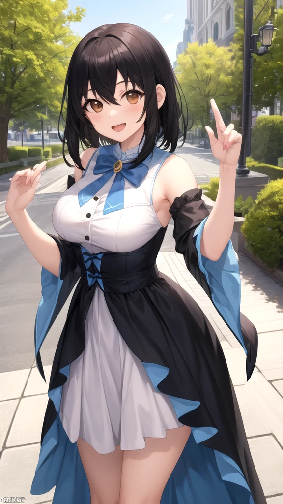 masterpiece, best quality, absurdres, perfect antomy, perfect hands, perfect fingers, matou sakura, 1girl, solo, long hair, exquisite detailed eyes,((blue navy color hair)), bangs, side lock hair ribbon, red ribbon, breasts, standing, cowboy shot, smile, blush, outdoors, <lora:MatouSakuraLORA:0.8>, <lora:jirai_v2:1>, black and white jirai fashion, <lora:more_details:0.3>, <lora:torino_aqua_offset:0.5>, kuromi, sanrio