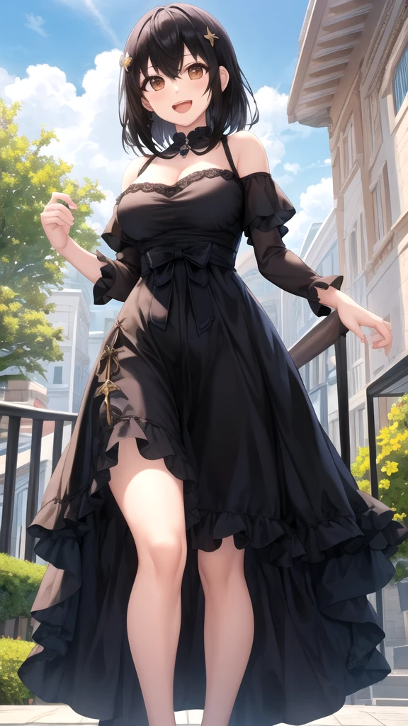 detectivesiesta, smile, short hair, bangs, blue eyes, shirt, hair ornament, long sleeves, dress, bow, white hair, hairclip, blunt bangs, bowtie, red bow, x hair ornament, red bowtie, siesta, (medium breast:1.2), BREAK looking at viewer, BREAK outside, BREAK (masterpiece:1.2), best quality, high resolution, unity 8k wallpaper, (illustration:0.8), (beautiful detailed eyes:1.6), extremely detailed face, perfect lighting, extremely detailed CG, (perfect hands, perfect anatomy),night,street,wet road,starfall,stars,moon,reflections,full body shot, stockings, black stockings,stocking suspenders, from below, upskirt,panties, lace panties,camel toe.