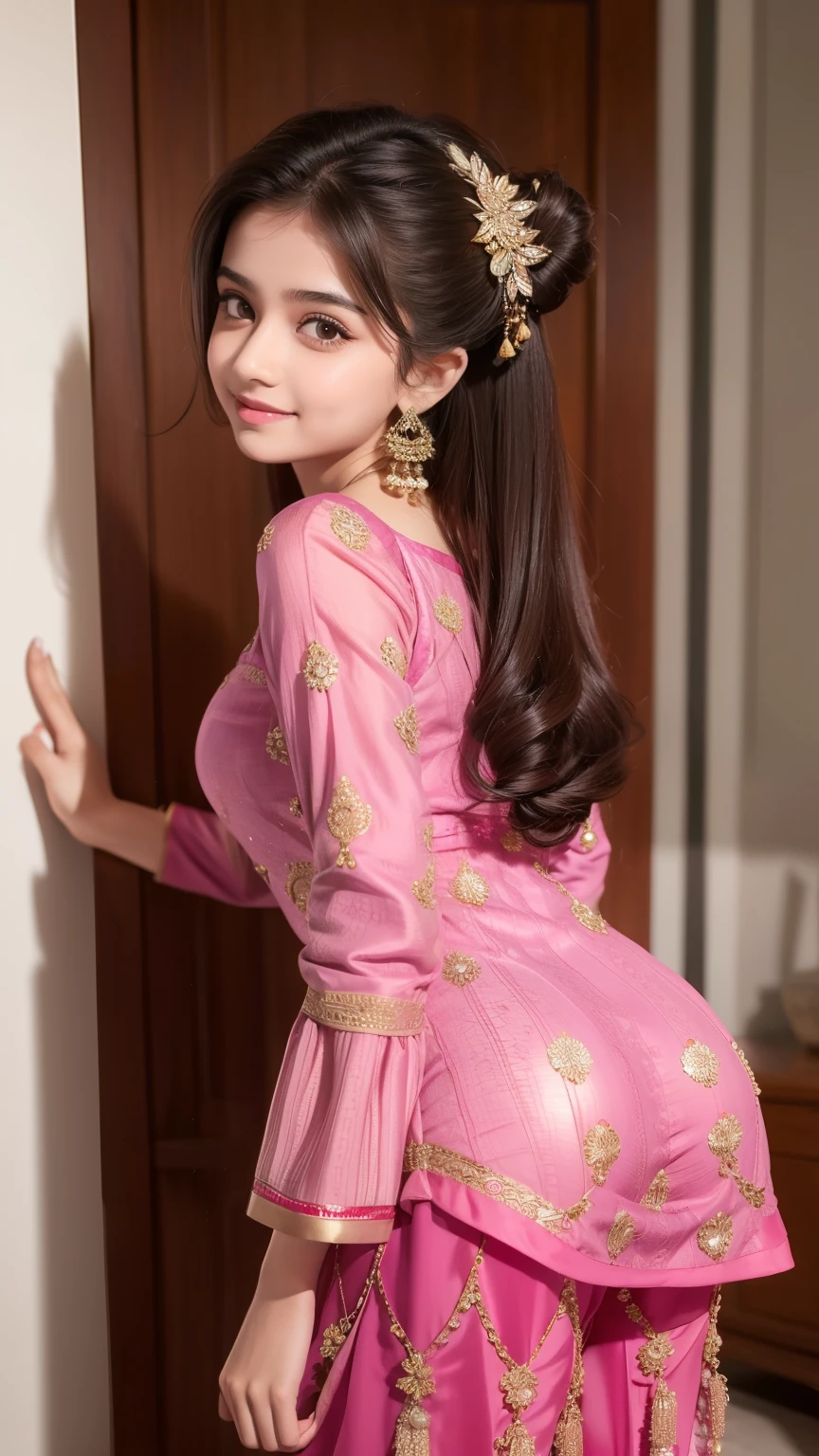 8K, ultra high detailed small pakistani full sharara small girl, happy smiling, bun hair, impressive hairstyle, detailed eyes, detailed lips, small pakistani girl, short height,small girl, full detailed kurti and sharara, she has thick thighs, little innocent face , wearing full sharara, traditional sharara kurti, standing small girl,, whole back body, full sharara, showing ass