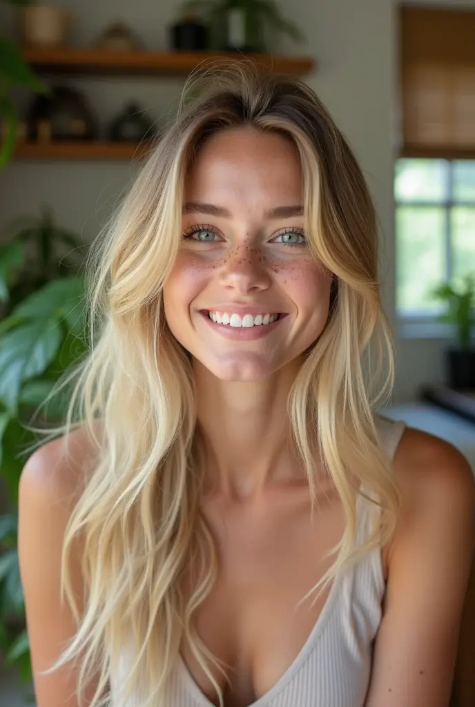 create an influencer,blonde hair,Scandinavian,light eyes,light brown skin,spotty,girl next door,Natural photo, spontaneous photo,55 mm linse, Permissive,at home, Background also sharp,smiling, sehr Permissive 