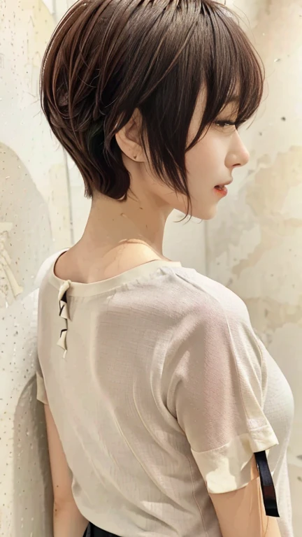 "A stylish woman in her 30s to 40s with an elegant, seductive bob hairstyle in ash brown, characterized by a soft and voluminous texture. She is wearing a white or beige band collar shirt made of soft, flowing fabric that drapes beautifully. The background is white and minimalist, ensuring the focus is on her hairstyle and outfit. The woman's face is not visible, and she has her head tilted slightly to the side, highlighting the sleek lines and layers of her bob haircut."