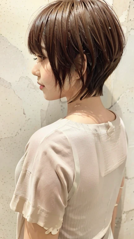 table top、(8K、Raw photo、highest quality、masterpiece:1.2)、face down、look down、white wall、Taken in front of the white door、Light orange long sleeve dress Beautiful shiny hair、High-definition RAW color photo、professional photos、(realistic、photo realistic:1.37)、Photographed in natural light、1 girl、laughter、いろいろpose、break (ombre:1.3) 、spring clothes、simple necklace、(Beautiful profile:1.3)、Don&#39;don&#39;t look at the camera、profile、((Hair color is dark brown))、shortcut、short hair、short hair、fluffy hair、Mr.々pose