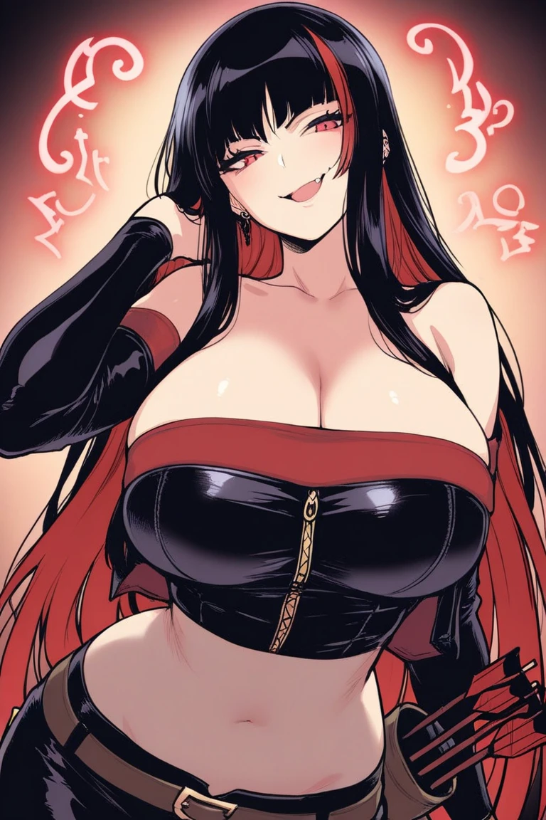 kpop girl with rizz smile face, bad ass, long black messy hair, piercing, black sweater, cool badass pose, smoke background ,jht, dark skin, huge , curvy body, cleavage, shoulder free, choker, pink eyes