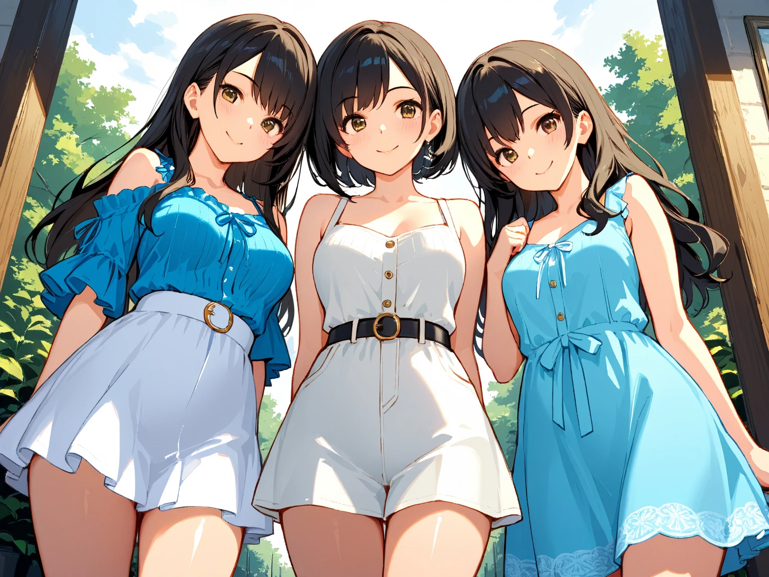 masterpiece, best quality, 3 girls, group_squeez, (little girl), 10yo, cowboy shot,
 smile, open mouth, standing, tube top, see-through, small breasts, Navel, shorts, park, grass,