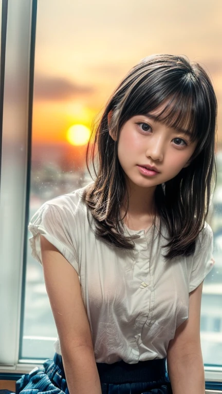 Beauty、Cute person、beautiful、Young face、Detailed face、Summer festival、Festivals、night、Lined with food stalls、Eating watermelon、Has bangs、T-Shirts、Leaning forward、whole body