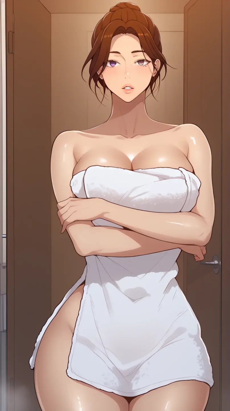 wearing a (((towel))) wrapped around her body, goddess, 40s, woman, milf girl, 40s, wearing wearing a white towel wrapped around her body, Oppai, Oppai, beautiful, angry woman, full body, 8k resolution, hair tied in a high bun, huge thighs, white skin, 8k resolution, very detailed face, full body