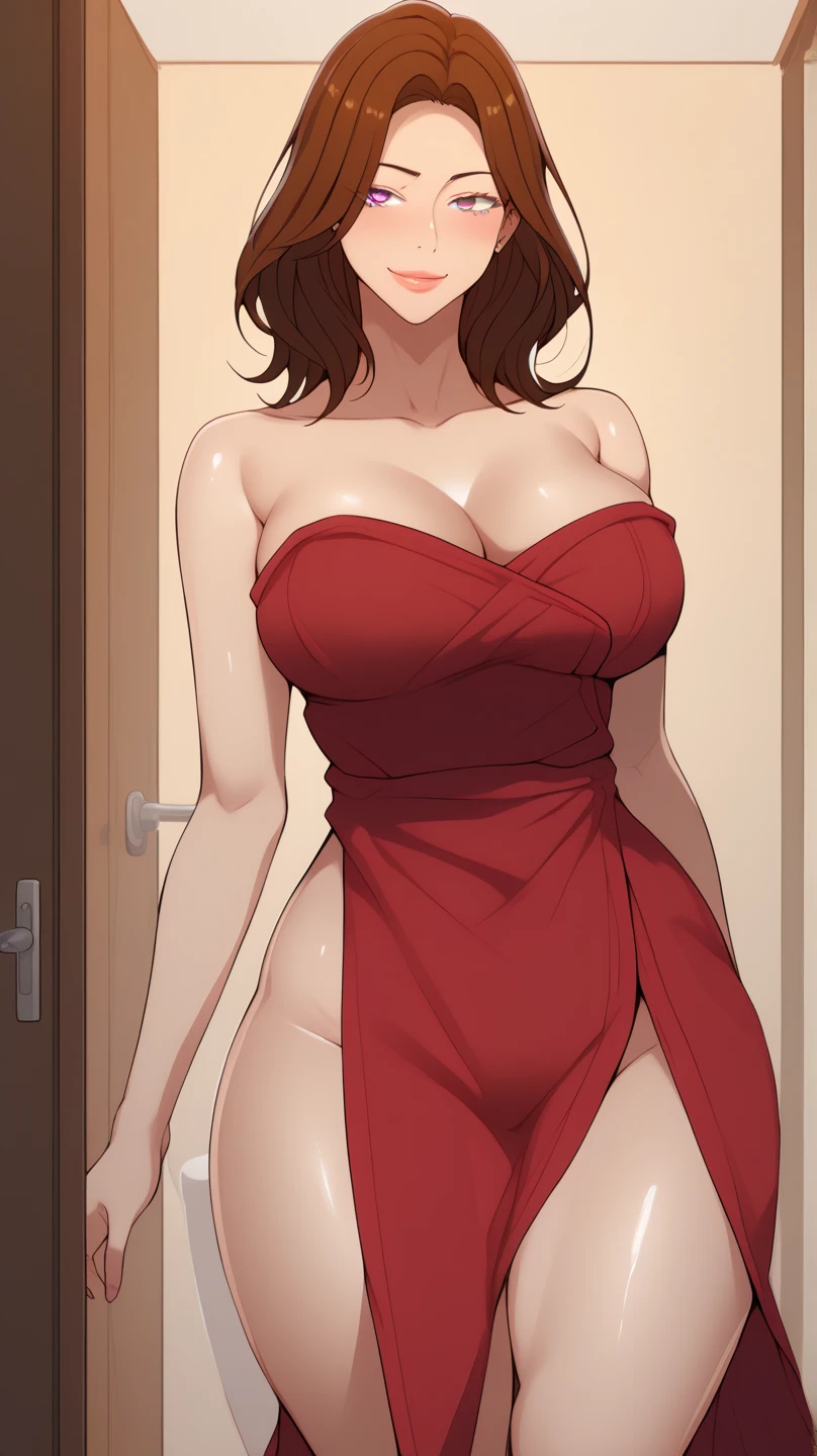 highres, absurdres, ultra detailed, 1girl, big mature woman, milf, bimbo, fair skin, brown eyes, red lips, very large breasts, oppai, red lingerie, sexy, red heels, posing like model, mrs_ahn, 1girl, red lips, lipstick, single hair bun,beautiful, erotic face, seductive, masterpiece, highly detailed, 4k