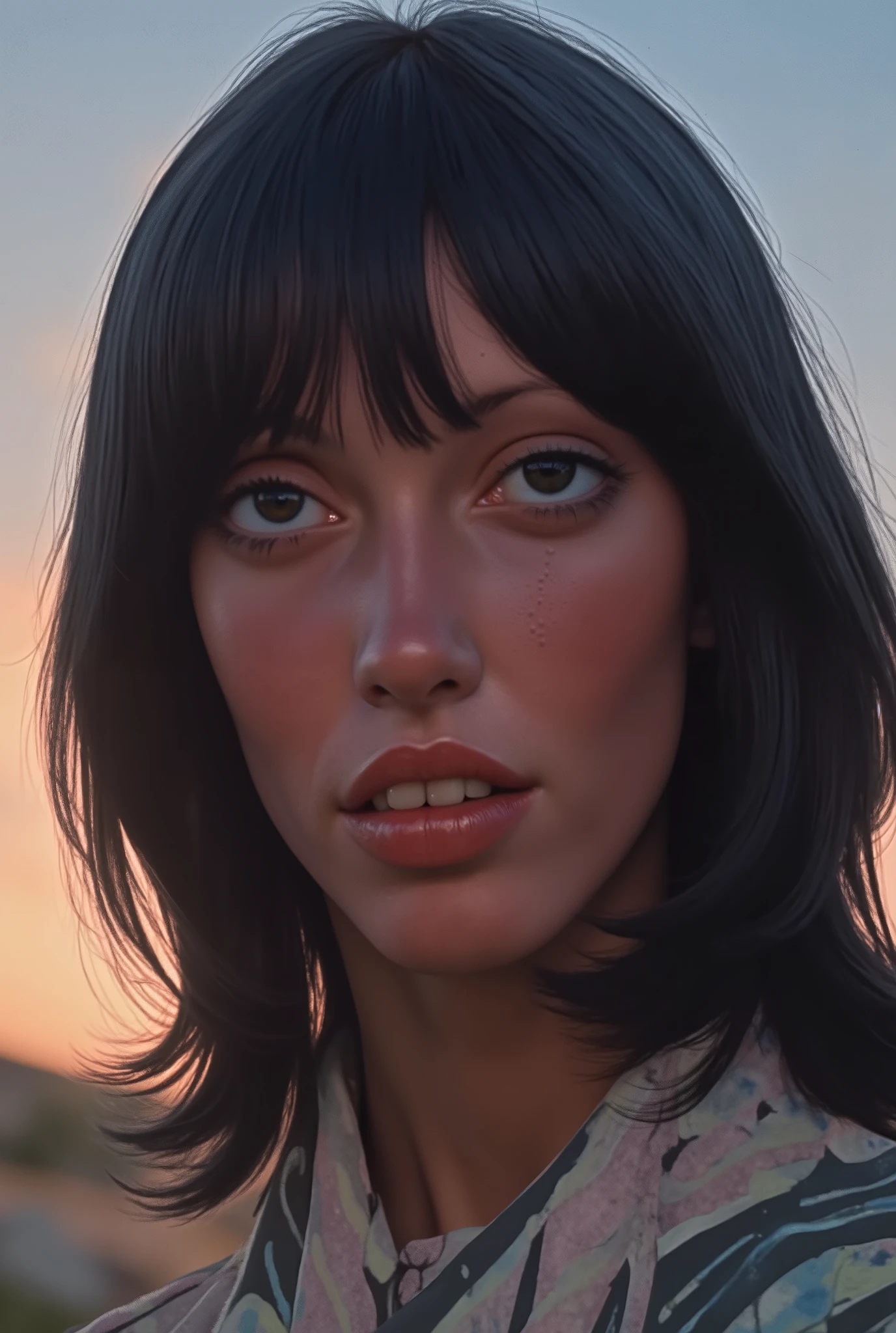 a beautiful black hair woman, with long hair, blue eyes, With a dawning sky, she is scared