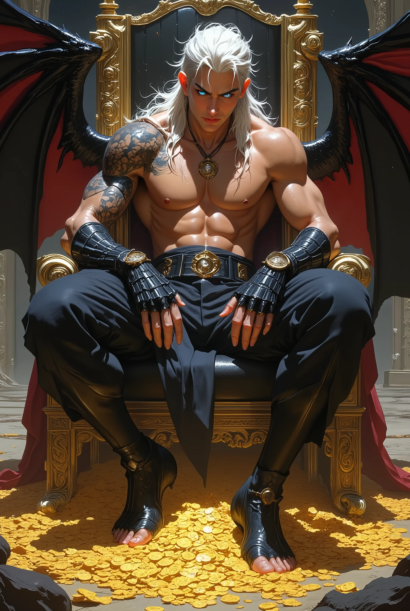 1 male with two hemipenises, Anime illustration semi-realism of Chinese human dragon hybrid male, semi realistic, shirtless, topless, without shirt, (((without pants, without trousers))), muscular, (((super broad shoulders, broad shoulders, very broad shoulders))), (((smaller waist, slimmer waist))), (((slim jaw, narrow jaw))), slightly muscular body, Asian eyes, monolid eyes, (((long flowy white hair))), (((long hair))), (((long white hair))), pretty lips, full lips, (((red eyes))), sleek design, closed mouth smirk, masculine facial features, detailed face, handsome face, sharp facial features, sitting leaning back on big golden throne on top of gold coins arms on armrest, looking at viewer, dynamic light, has big black and red dragon wings, (((has black dragon horns on head))), (((has a black dragon tail))), (((black pointy jagged hand armor, black pointy jagged shoulder armor))), black pointy jagged armor, (((has two hemipenises, has two black scaled hemipenises))), naked, (((naked legs, naked torso))), view from below, point of view from below, looking at viewer,