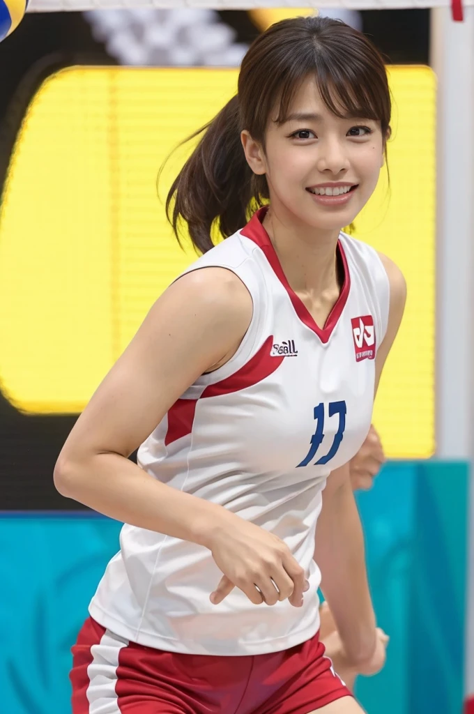 14-year-old girl, Posing for a photo (wearing Japan volley uniform: 1.3), Short hair, colorful uniforms, skillful hands, 4K, high resolution, Masterpiece, Top quality, Head: 1.3, (((Canon photo)), fine wet skin, Sharp focus, 鎖骨, SunlitIllumination, [:( Detailed face: 1.2):0.2], (in the volleyball stadium ))), indoor , Delicate body, Small hips, Thin waist , Top quality, Nasal nose, Slender, thigh gap, Petite figure, (upper legs: 0.1), Thin waist, Thin lips, (shoulder width: 0.07), Beautiful face, (waistup: 0.07), (Neck: 0.001), (greater trochanter: 0.09), (anterior iliac spine magistrate: 0.008), (torso length: 4), (protruding on clothes: 3),