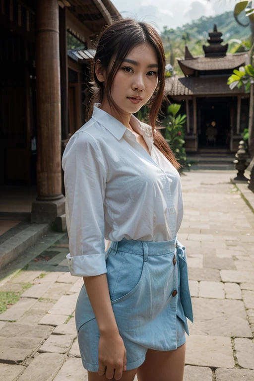 (8k, highest quality, ultra detailed:1.37), (Dina), 18yo, (an adventurous Javanese girl), explores the city streets with a sense of curiosity. She wears a versatile and comfortable outfit suitable for urban exploration. The high-resolution image captures ultra-detailed realism, highlighting Dina's captivating eyes, long eyelashes, and smooth complexion. The bustling cityscape serves as a backdrop, reflecting Dina's modern Javanese identity and her spirit of adventure.