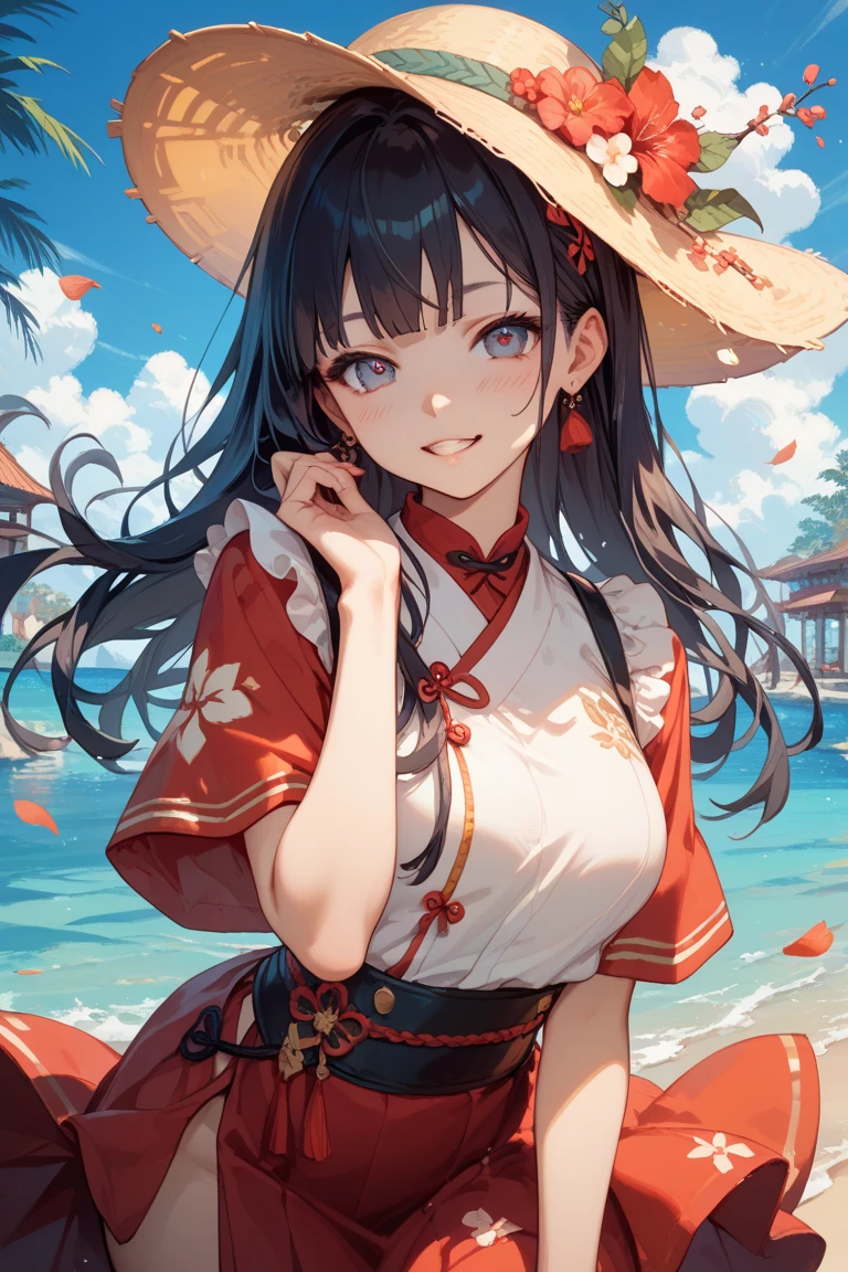 (pov kimono style swimsuit) (beautiful body), (solo:2, 15 yo, blunt bangs:1.3 black hair long hair sexy shrine girl, sexy closed eyes, happy smile), (in a japanese modern:1.3 shrine swimsuit, wabisabi:1.3, white and red, fundosi:1.3), break, in the Swimsuit contest venue, background Double Exposure beautiful ocean, BREAK, perfect anatomy, masterpiece, best quality, 16k, beautiful detailed love, sexy, daydreaming expression.