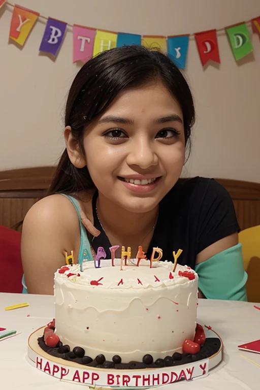 Create a 3d image in which a ager girl cutting Cake wearing red color top with Name "Muskan" is written clearly on the Cake and 18 year candle burning on the cake , image features with birthday decorated view, realistic image, background decorated with birthday items.