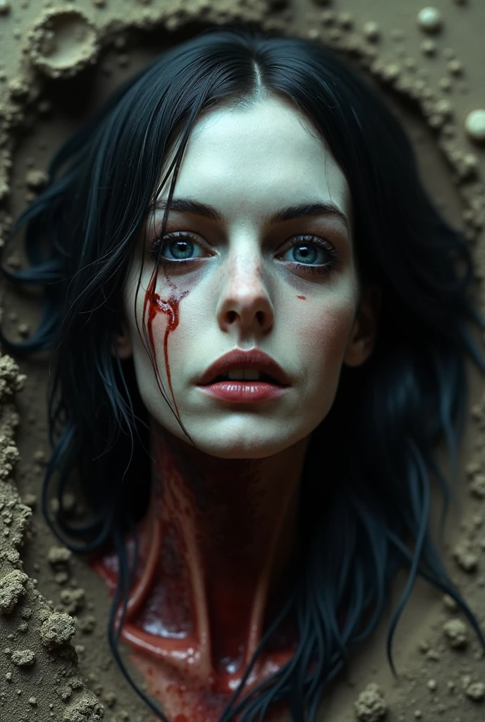 close-up of a young woman holding a knife gasping covered in blood and her hands after a battle in the alley of the destroyed and burning city in the dark night, picture perfect, apocalyptic atmosphere, studio shot, intricate, highly detailed, by greg rutkowski,