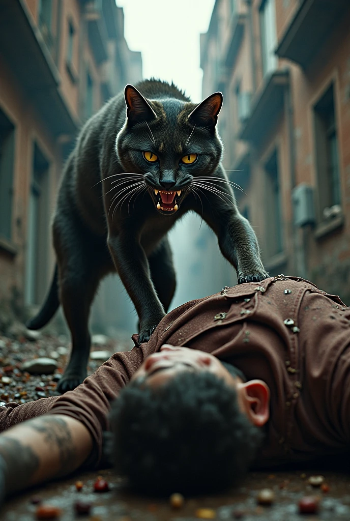 Make me a black cat killing a man