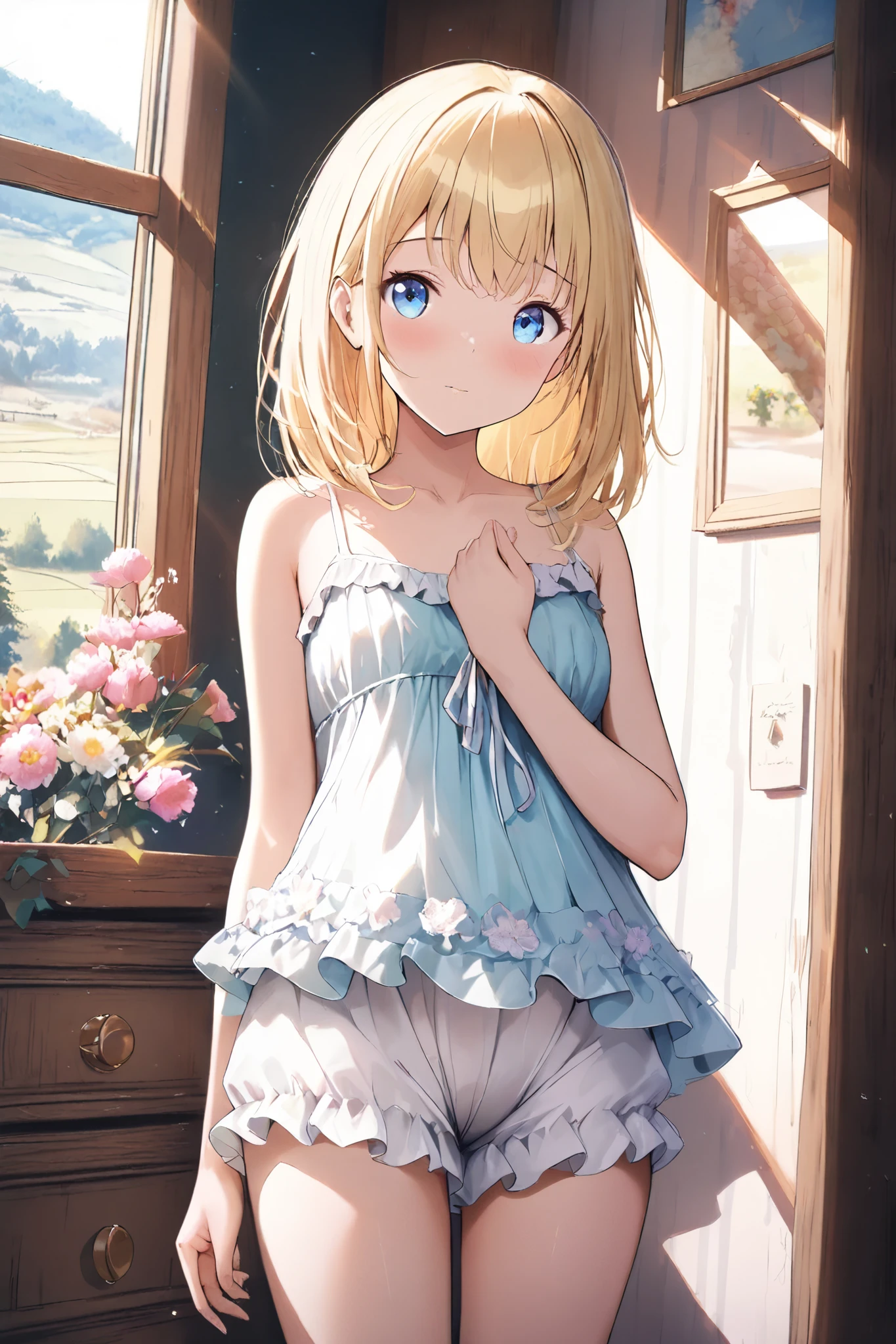 10 year old girl underwear, Hayasaka Ai、Realistic bloomers made from patterned cotton fabric, Idol one-piece dress with panniers, Fabric Realism, Low - Angle, I see bloomers, Pull up the dress by hand, Strong winds, Translucent slip, Translucent slip, tights, Highest quality, whole body、