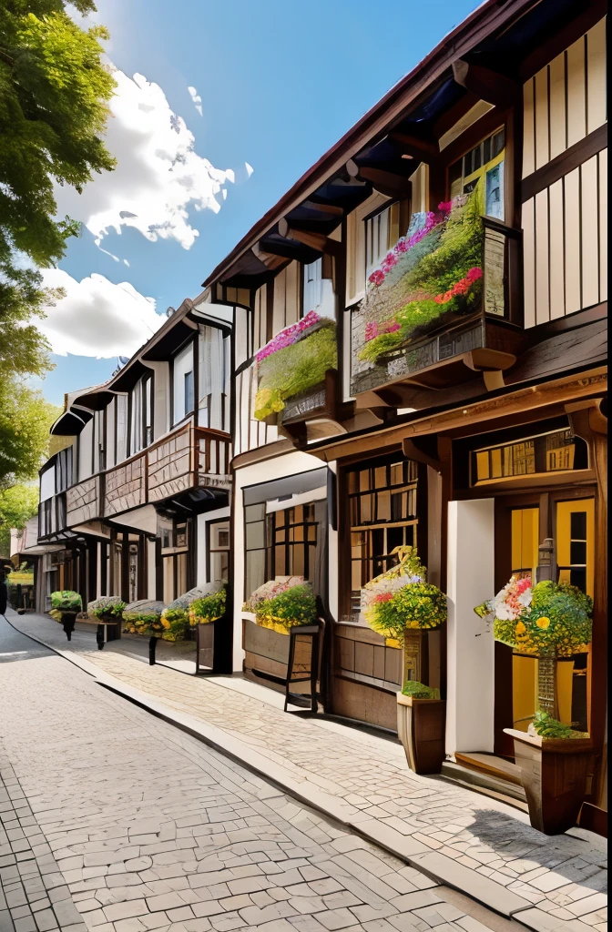 A sun-drenched, cobblestone street meanders through a quaint village, where charming half-timbered houses stand proudly, their wooden beams painted in rich browns and whites. Planters brimming with vibrant flowers adorn the window sills, adding splashes of color against the muted tones of the architecture. The peaceful atmosphere is enhanced by soft sunlight filtering through wispy clouds, casting gentle shadows that dance along the pavement. Lanterns hang gracefully from the buildings, hinting at the prospect of evening charm as the day wanes. The scene encapsulates a serene, picturesque moment, inviting visitors to wander and explore.