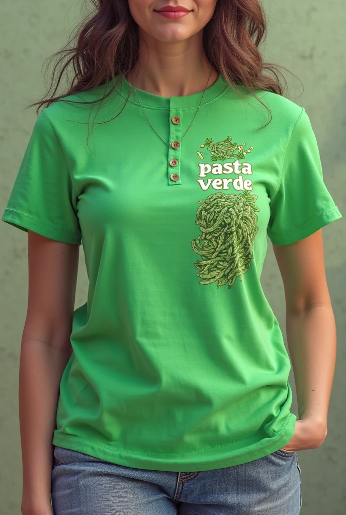 The woman is shown from the waist up, with long, wavy light chestnut hair with golden highlights and pastel pink tips. She has expressive green eyes that are particularly detailed and vibrant. She is wearing a black t-shirt, with a green heart emblem. She is looking directly at the camera and holding a mobile phone in her hand. The atmosphere is clear and crisp, capturing her with exceptional detail.
