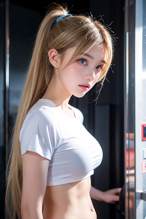 Highest quality, masterpiece,8k, Ultra-high resolution, (Realistic: 1.4), RAW Photos, Dynamic Pose,Blonde,((uniform)),Young,1 girl, Glowing Skin, classroom, Dramatic lighting, whole body, high school girl,(underwear)
