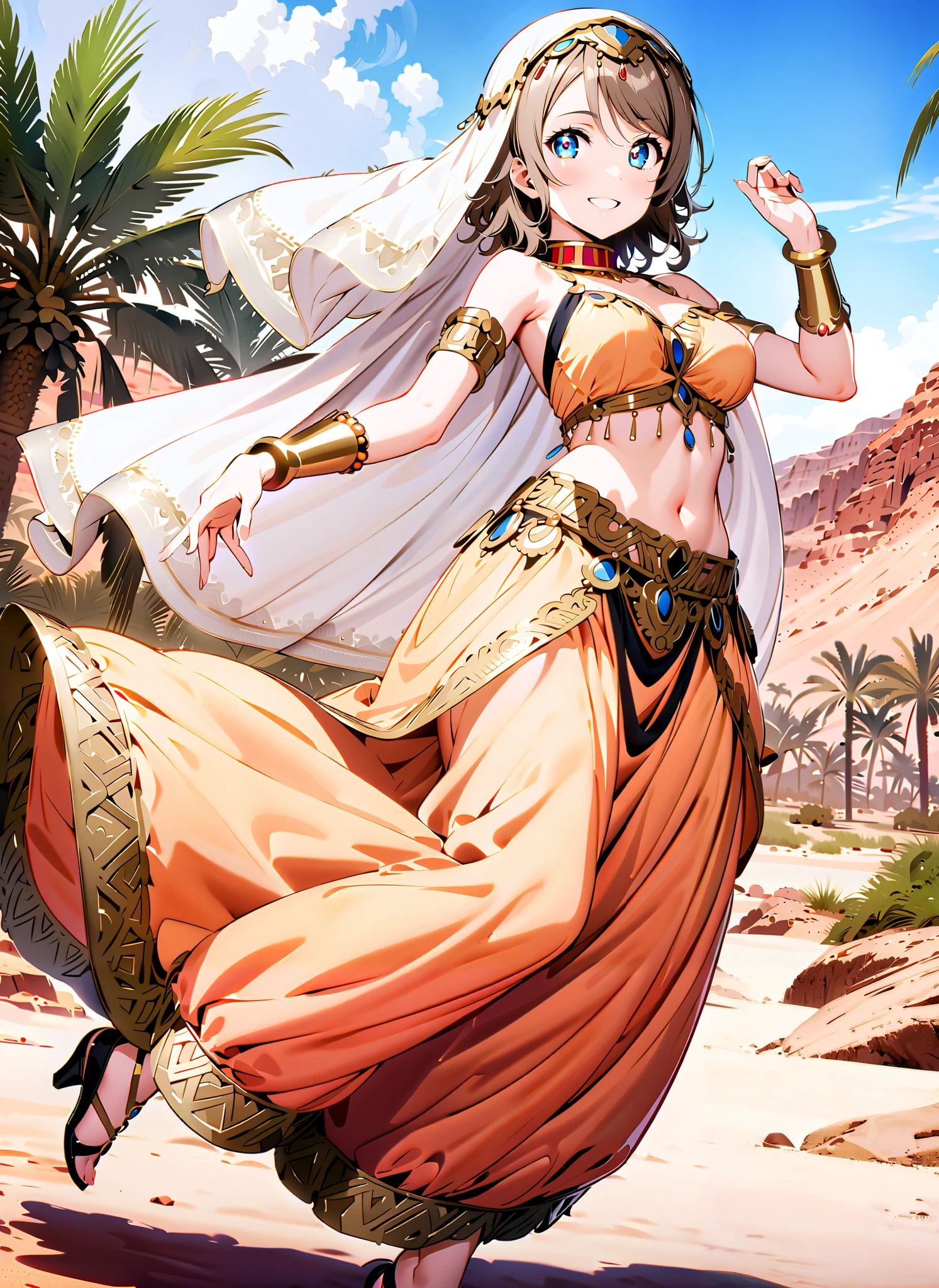 Watanabe, short hair, Hair, blue eyes,Medium breast,smile,cover, grin ,,Harem outfit, White Veil, Arabian clothing, collar , Mousebale, circlet , harem pants, thighs, gold trim, dancer , dancing,Palm Trees,Glowing Skin,full bodyがillustrationsに入るように,break outdoors, desert, oasis,
break looking at viewer,full body,
break (masterpiece:1.2), best quality, high resolution, Unity 8k Wallpaper, (illustrations:0.8), (beautiful detailed eyes:1.6), very detailed face, so that it fits into the illustration, extremely detailed CG, full body写真,(curved body, perfect anatomy),