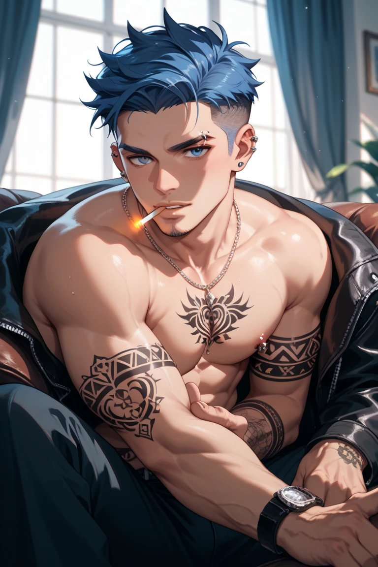 score_9, score_8_up, score_7_up, score_6_up, rating explicit, focus male, source anime, dark expression, hair over one eye, piercing, Gothic style, smoking, cowboy shot, man, tattoo, dark eyeliner, thick eye liner, toned, Tired pose, yaoi, male only, handsome man