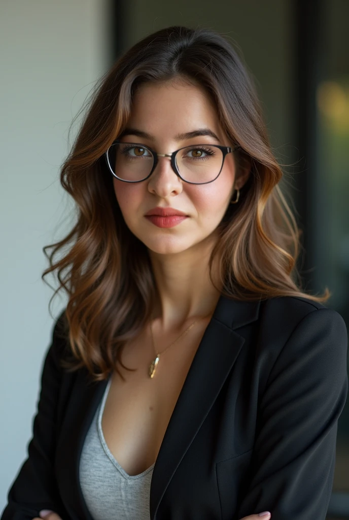 (best quality,4k,8k,highres,masterpiece:1.2),ultra-detailed,realistic,photorealistic,beautiful,soft lighting,portraits,detailed eyes,long eyelashes,gorgeous lips,radiant smile,flowing wavy hair,fashionable glasses,captivating necklace,charming,confident posture,graceful,black dress,positivity,gentle beauty,vivid colors,vibrant background,subtle makeup,unforgettable expression,warm and inviting atmosphere
