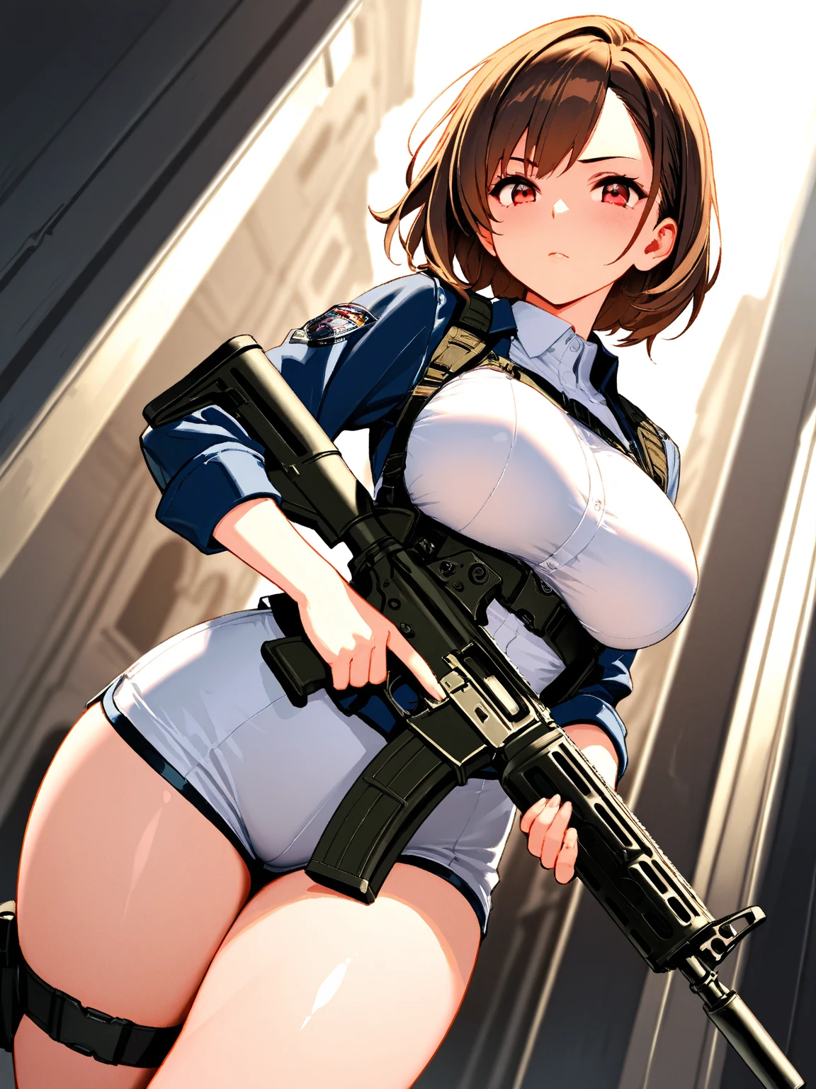 thick hips, thick thighs, platform heels, bandeau top, white tight dress, huge breast, thin waist, bob cut hair, weapon, tanned skin, gun, angry look, scream, thick body, fitness, stockings, beret, cyberpunk