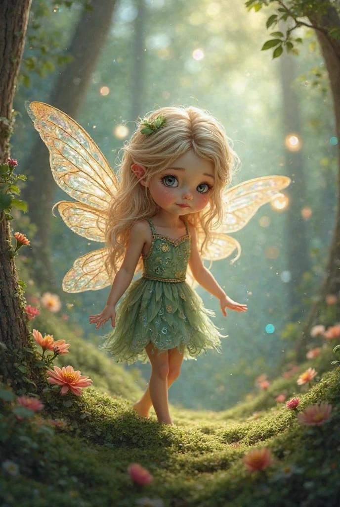 she was only a few inches tall、It has translucent light green wings.。sheの金色の髪は肩まで届く、sheの目は小さな星のように輝いている, pure blue。sheのドレスは花びらでできている、It sways gently with every wind.。Holding a magic wand in his hand、There is a shining star at the tip。she&#39;In the depths of the night forest,、woodの上の月明かり々wood々Sunlight filtering through the leaves as I stand beside a quiet lake.。sheの周り、A small firefly glows、sheを囲んで踊っています