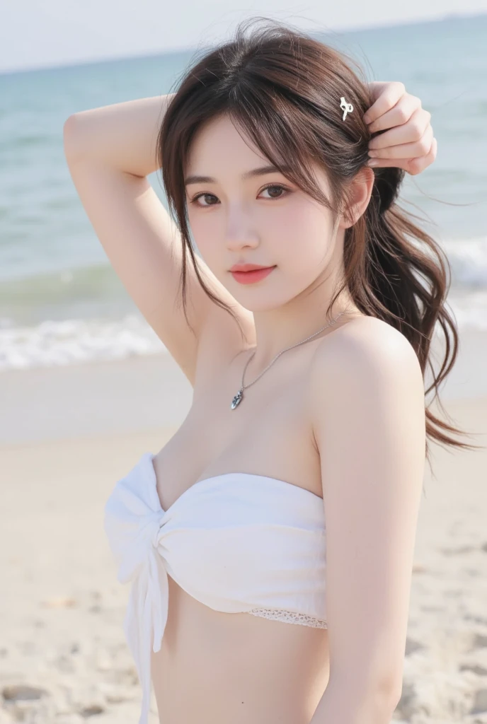 masterpiece、Highest quality、High resolution、Tabletop、wallpaper、Realistic、Bright lighting、Professional Lighting、Face Light、Smooth lighting、Japanese women、Adult、Beautiful woman、action、gravure、sexy、so beautiful、Beautiful Skin、Beautiful and exquisite、Detailed face、slim、Looking into the camera、Cleavage、((Big Breasts:1.2))、((((One woman、sunny、Midday、Perfect White Bikini、Okinawa beaches、Sandy Beach:1.2))))