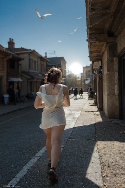 (YES SFW), full body shot of a redhead woman wears a long blue skirt, windyupskirt, wind lifts up blue skirt showing white panties. ((extreme detail, white panties)), (ultra-detailed), best quality, ultra high res, (8k, RAW photo, masterpiece, realistic, photorealistic:1.4), 8k uhd, dslr, absurdres, ray tracing, high quality texture, intricate details, detailed texture, finely detailed. Photo of a redhead woman in high heels. Trying he keep blue skirt down. She walks down the streets of Matera, sassi_di_matera. Outdoor in Sassi of Matera. Matera's Cathedral in background. Beautiful perfect face. (surprised look), wide open eyes, open mouth, smooth skin, real pores, frontal view, looking amazed at the viewer, (ooking amazed at the viewer: 1.5), best quality, fine details, {{masterpiece, best quality, extremely detailed CG, unity 8k wallpaper, cinematic lighting, lens flare}}.