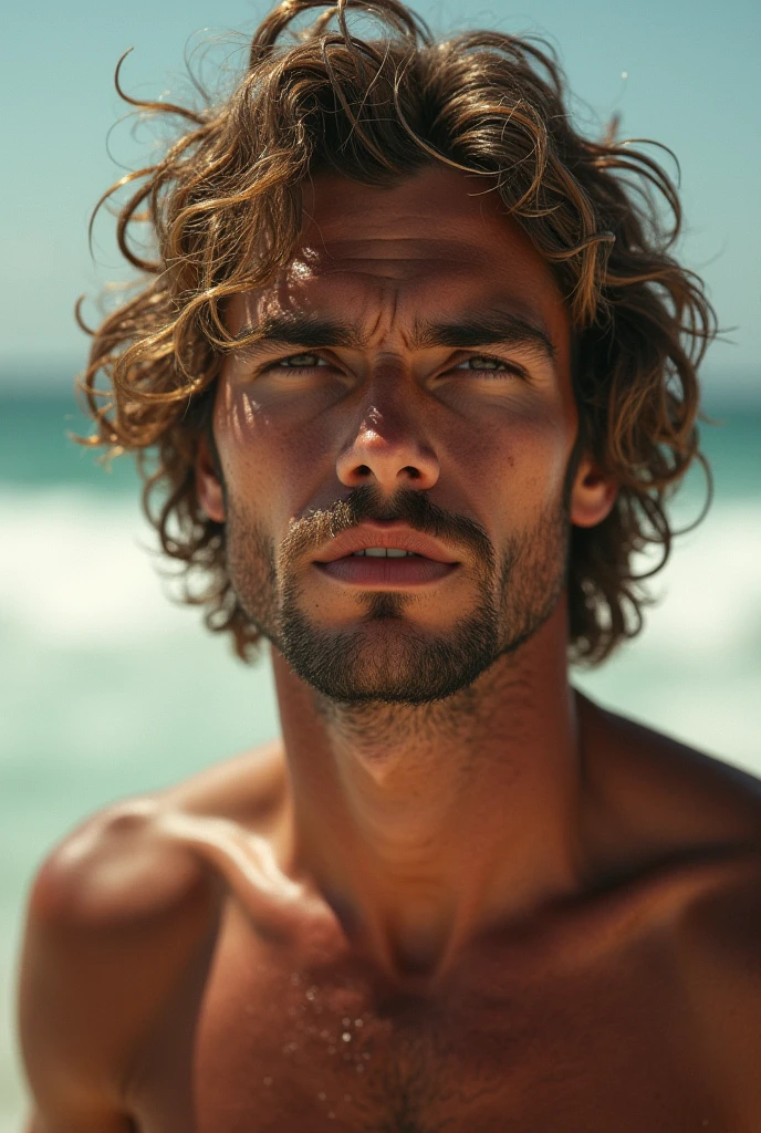 movement, 25 years old man, plain face, imperfect, muddy body, hairy, confident, sturdy, facial hair, wavy hair, breeze, naked, wide face, strong chin, tanned, rocky beach, relaxed, muted colors, soft light, shallow depth of field, (penis, smirking, splashing water, boats:0.5)
