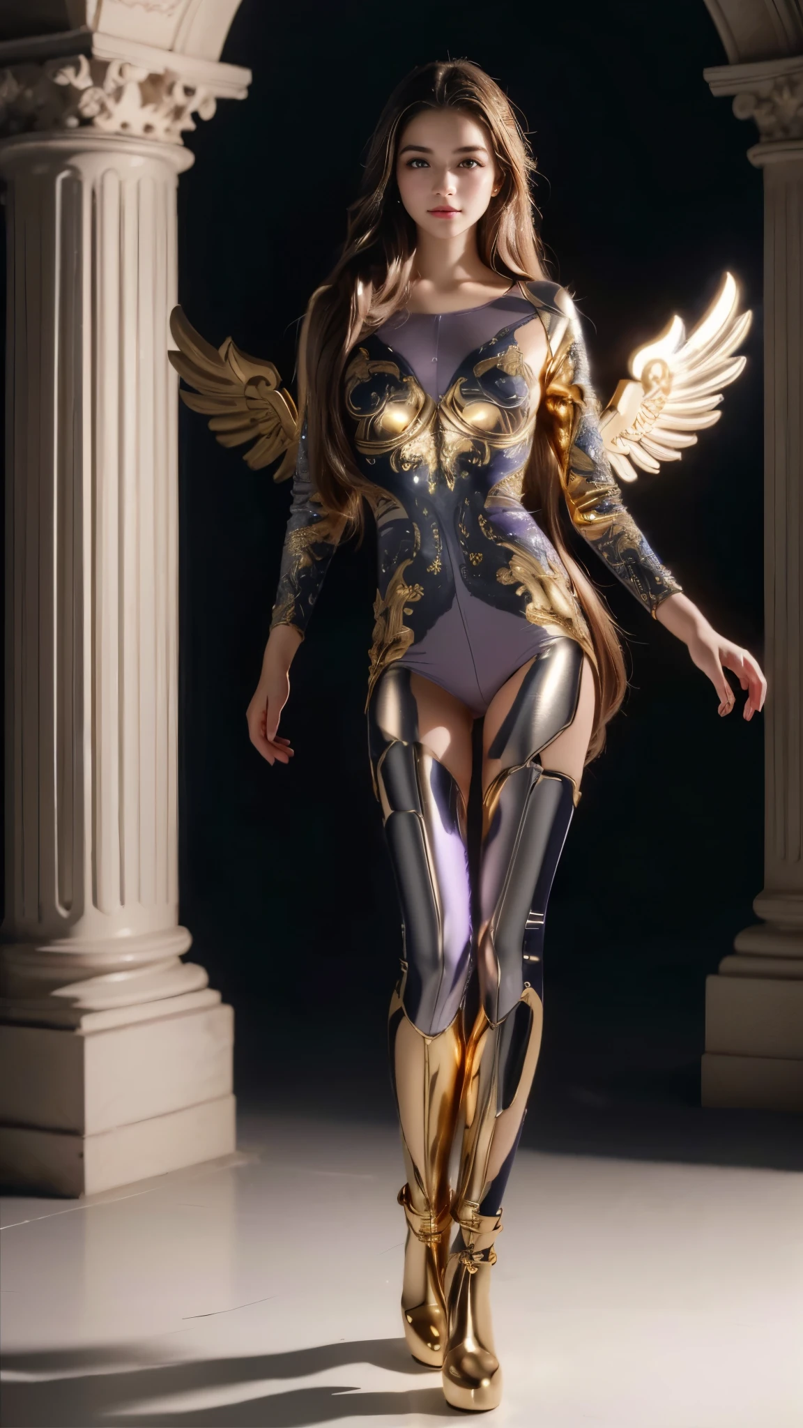 mechanical style,golden theme,(    A beautiful mechanical angel       ,  anatomically correct ,  Hair ,halo,golden asas  ,standing,     with a circular base      ), 
Zodiac background     ,      sky,      cloud,     galaxy, (   3D rendering   ,    ,     detailed high,   masterpiece ,     official art    ,   movie lighting, 4K, chiaroscuro), (   hands up   ), 
([   long Hair]:1.8), ( Hair:1.8), ( upper body:0.3), (hyper Realistic:1.4), (Realistic:1.3), ( skin with real texture of    ), olhos     detaileds,     detailed face, Persephone, Persephone, HyperRealistic, LESS saggy breasts, ( small breasts:1.5), (huge legs:1.5), (LESS THIGHS:1.5),   perfect legs ,   perfect legs , added legs       , added legs        e perfeitas,   shapely legs ,    shapely thighs, added legs       , Smooth thighs. (   erotic pose   :1.5), (  thick eyebrows :1.2), (    Big purple eyes    :1.2), ( ultra-    detailed eyes :1.4), ( Olhos de  petals :1.1), ( ultra     detailed skin texture:1.4), (    Beautiful toned body    :1.1),   Camel's vagina face,  Body Proportions  , (Chapped lips:1.4), (nasal blush    :1.2), shortening, black cuts, (   eye contact),     high contrast striped dress  , ultra  petals,  petals,     detailed, Clean face,  (sexy face:1.5), (    Big purple eyes    :1.2), ( ultra-    detailed eyes :1.4), ( Olhos de  petals :1.1), ( ultra     detailed skin texture:1.4), Persephone, Persephone, Persephone,,  ( Hair:1.8), ( upper body:0.3), (hyper Realistic:1.4), (Realistic:1.3), ( skin with real texture of    ), olhos     detaileds,     detailed face, , hermione_Granger_mother_Watson-4400, ([long hair hair]:1.8), (full body:1.8), (upper body up:0.3), (hyper realistic:1.4), (realistic:1.3), (best quality real texture skin), Detailed eyes, detailed face, PERSEPHONE, belle, (SFW:1.5) HYPERREALISTIC, LESS saggy breasts, (SMALL BREASTS:1.5)
