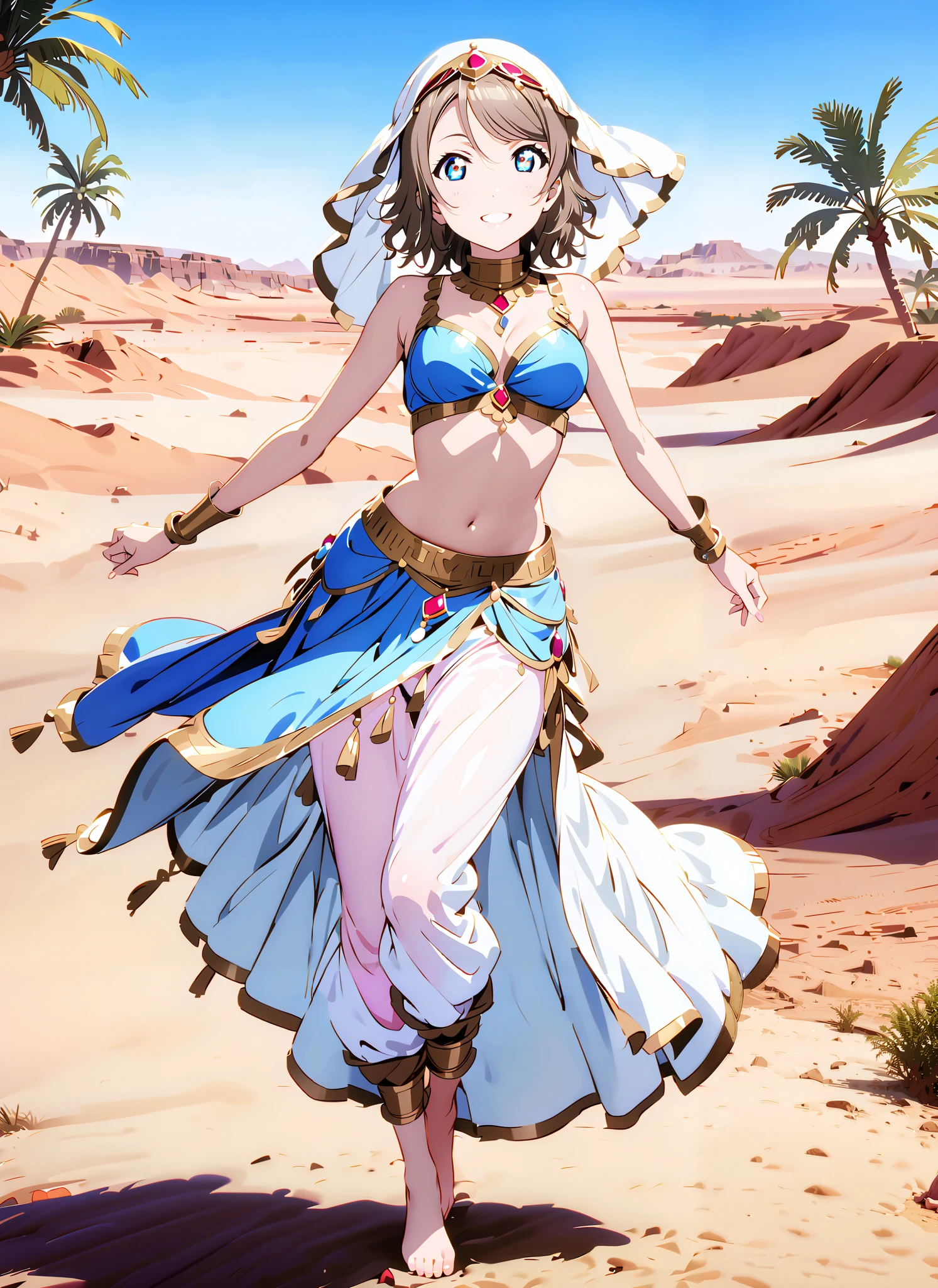 Watanabe, short hair, Hair, blue eyes,Medium breast,smile,cover, grin ,,Harem outfit, White Veil, Arabian clothing,  collar , Mousebale, circlet , harem pants, bare feet,gold trim,  dancer , dancing,Palm Trees,Glowing Skin,full bodyがillustrationsに入るように,break outdoors,  desert, oasis,
break looking at viewer,full body,
break (masterpiece:1.2), best quality, high resolution, Unity 8k Wallpaper, (illustrations:0.8), (beautiful detailed eyes:1.6), very detailed face,  so that it fits into the illustration, extremely detailed CG, full body写真,(curved body, perfect anatomy from a shellfish),