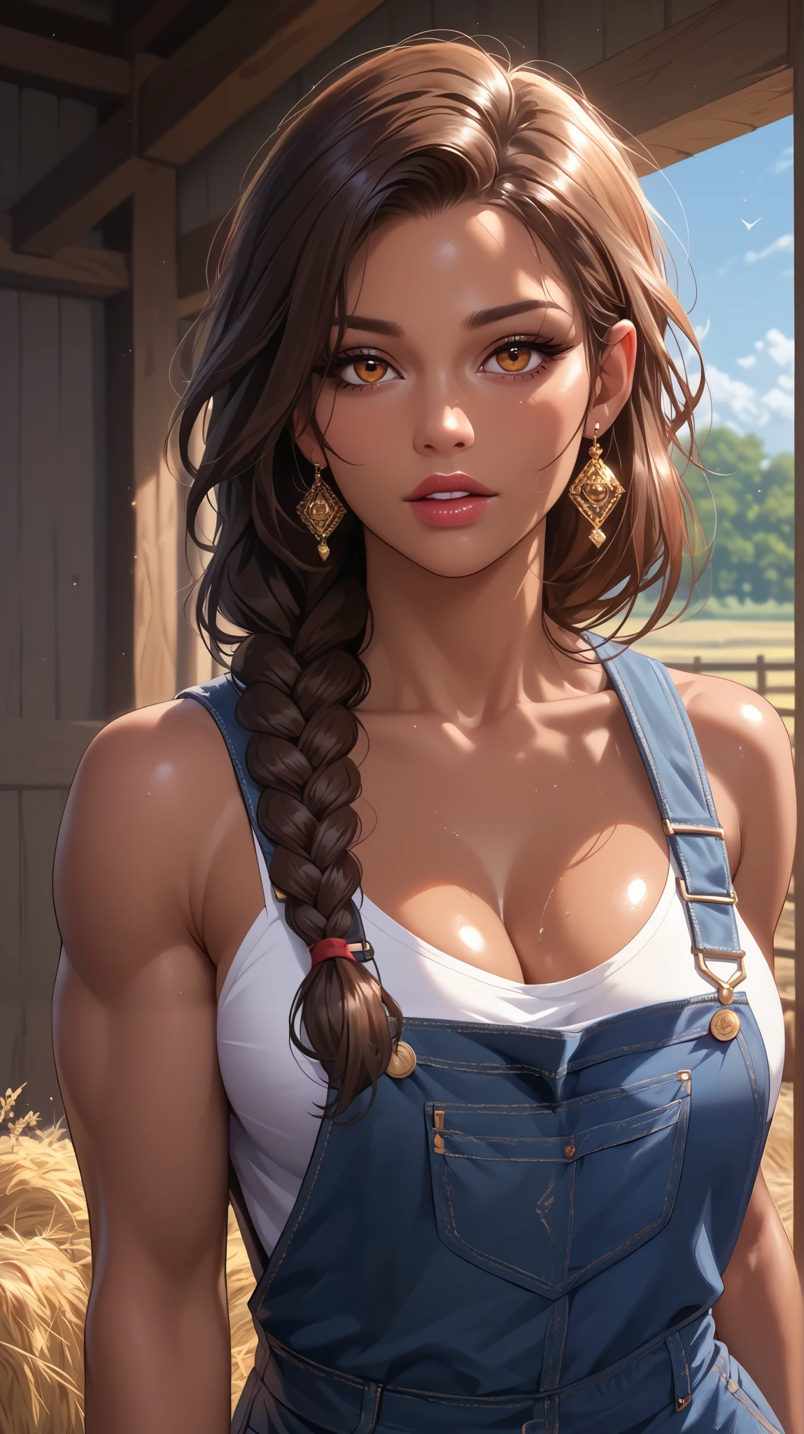 masterpiece, best quality, amazing quality, very beautiful, Absurd, latest, scenery, anatomically correct, 16k, UHD, accurate, expressive, {{1girl solo}}, illustration, masterpiece, ultra-detailed, {{detailed shading, detailed skin}}, {{realistic skin}}, BREAK, detailxl, solo,  female, muscular woman, black skin, dark skinned woman, braided hair, working clothes, overalls, cleavage, barn background, horse in the background, 