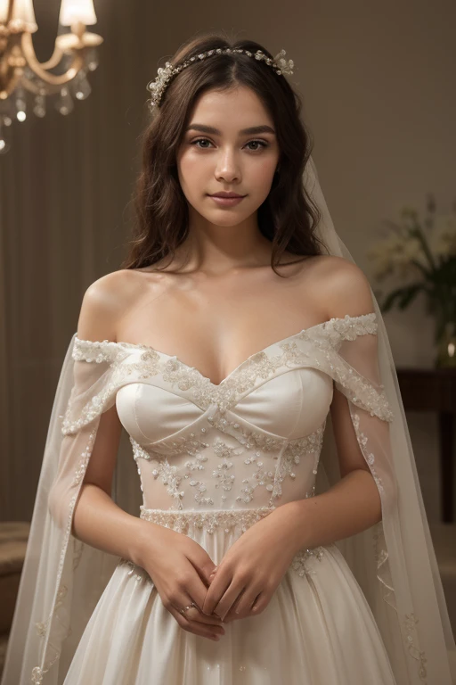 masterpiece:1.2, Best quality), realistic, (Real picture, complex parts, depth of field), (1 girl, One), draw up, parted lips, very detailed, perfect face, (dent in the skin), thick thighs, wide hips, small waist, high, shiny coral lips,, (Girl in a wedding dress with flowers in her hands. )), sexual, blushing, Mikasa from AOT
