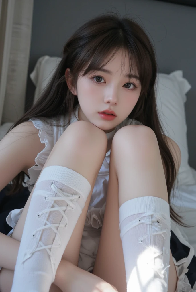 (Photorealistic: 1.4), (超Realisticな: 1.4), (Realistic: 1.3), (Smooth lighting: 1.05), (Improving the quality of cinema lighting: 0.9), 32k, 1 female, 24-year-old female, Realistic lighting, Backlight, Face Light, Ray Tracking, (Bright light: 1.2), (Quality improvement: 1.4), ( Highest quality realistic textured skin: 1.4), Fine grain, Detailed face, Quality Eyes, Dark brown eyes, (tired, Sleepy and satisfied: 0.0), Faint lighting, White Background, Floral, Frills, ribbon, White blouse, Dark blue tight skirt, Dark brown hair, Squatting with your knees hugged, White silk stockings, loafers