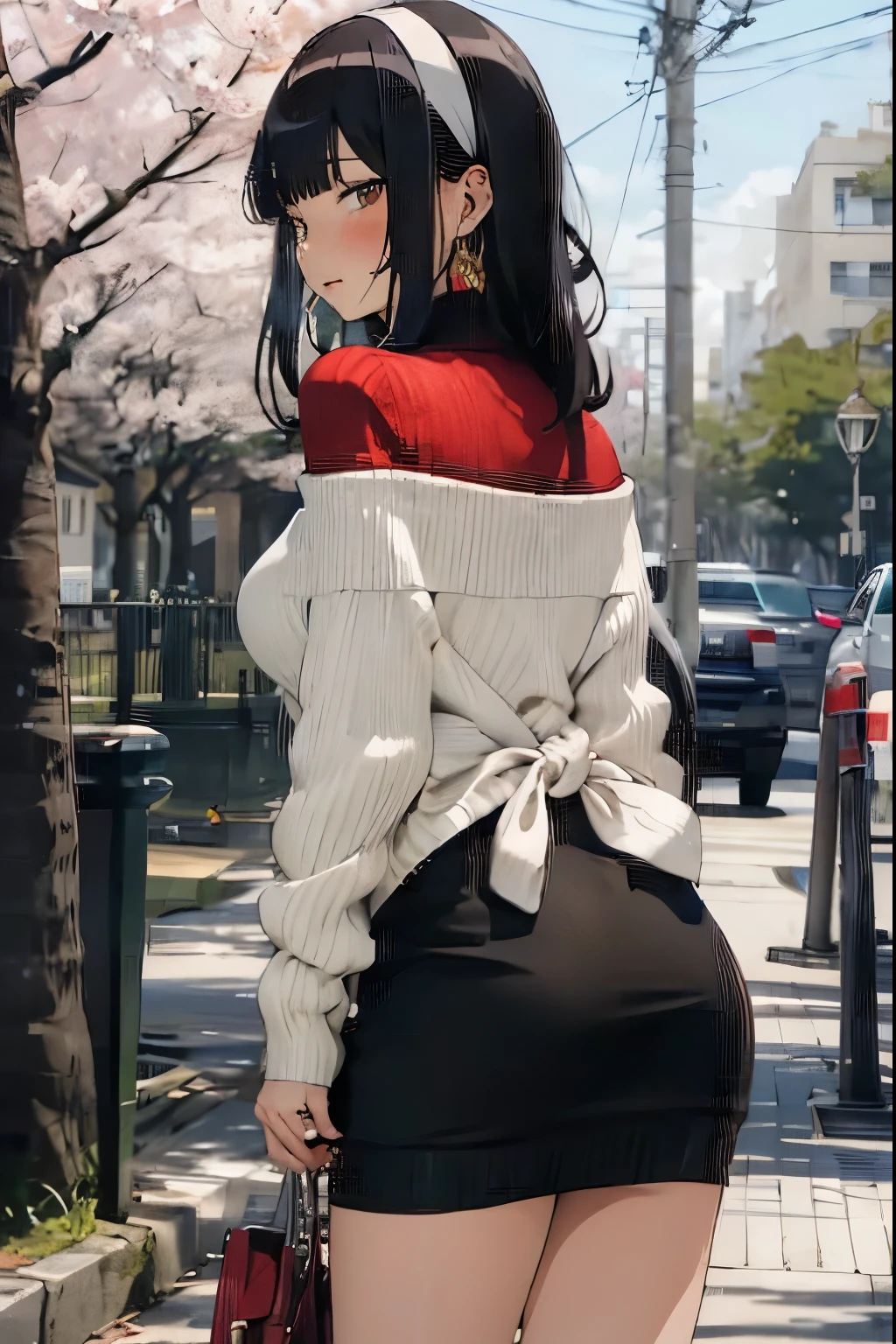 (Perfect Anatomy)))、masterpiece、highest quality、Super detailed、(masterpiece、highest quality)(Highly detailed illustration)(Official Art)(Ultra-high detail)、(Perfect body))、score_9, score_8_up, score_7_up, source_anime,yor briar, black hair, red eyes, ass, ass grab, hands on ass, earrings, white hairband, hairband, long hair, sidelocks, bare shoulders, collarbone, dress, long sleeves, off shoulder, off-shoulder dress, off-shoulder sweater, pantyhose, red sweater, sweater, , thighs, bent over, from below, from behind, butt, embarrassed, outside, cherry blossoms, looking at viewer, seductive, blush, (cum in pussy:1.5)、No panties,bbyorf, short hair with long locks, white hairband, red eyes, gold earrings, large breasts, jewelry, off shoulder, red sweater, , long sleeves, black pantyhose,sweater dress,yor_briar_spyxfamily, anime_style,sweater dress