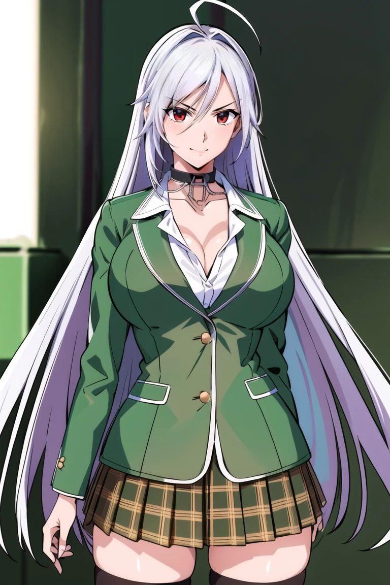 MokaVampire, 1girl, solo, long_hair, breasts, looking_at_viewer, large_breasts, red_eyes, cleavage, jewelry, medium_breasts, school_uniform, jacket, upper_body, choker, necklace