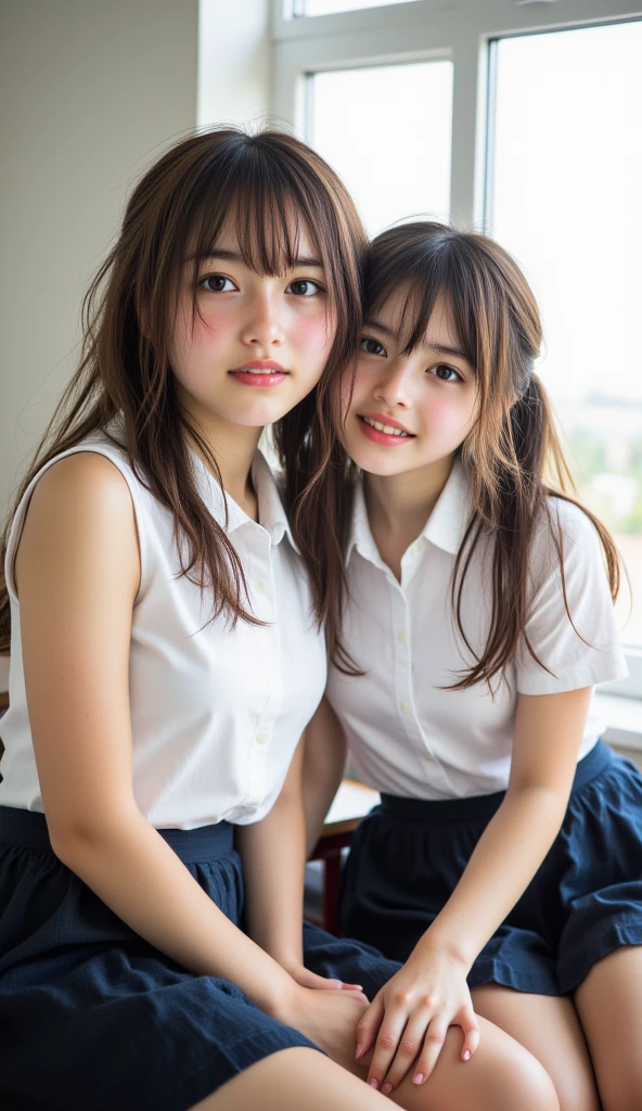 Browsing Caution, ((masterpiece)), ((Highest quality)), (Very detailedな), ((cute)), cute, (Multi-point), ((sexy)), (device), ((Very detailed)), 4K, (8k), Highest quality, (beautiful), hyper cute face, shape, Anime Style,hyper Genuineistic, Genuine, Dynamic Angle, ((whole body)), close, Thick outline, Clear contours, at school, (1 person, cute girl:1.5), (Schoolgirl Uniform :1.5), beautiful light brown hair, beautiful brown eyes, ((beautiful eyes)), (squat with your legs spread :1.8), short hair, Big Breasts:1.8,No underwear、Detailed vagina、Spread vagina、Hold up your skirt with both hands:1.8、 shoes, smile